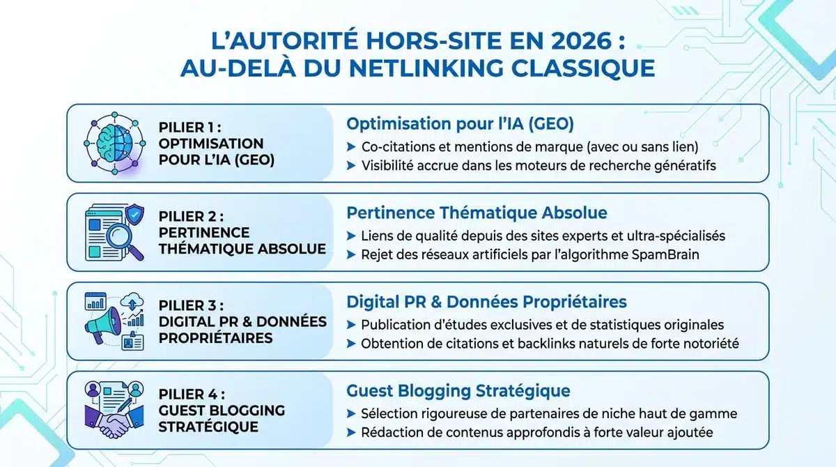 Infographie sur les 4 piliers de l'autorité SEO hors-site en 2026 : GEO, pertinence, Digital PR et Guest Blogging.