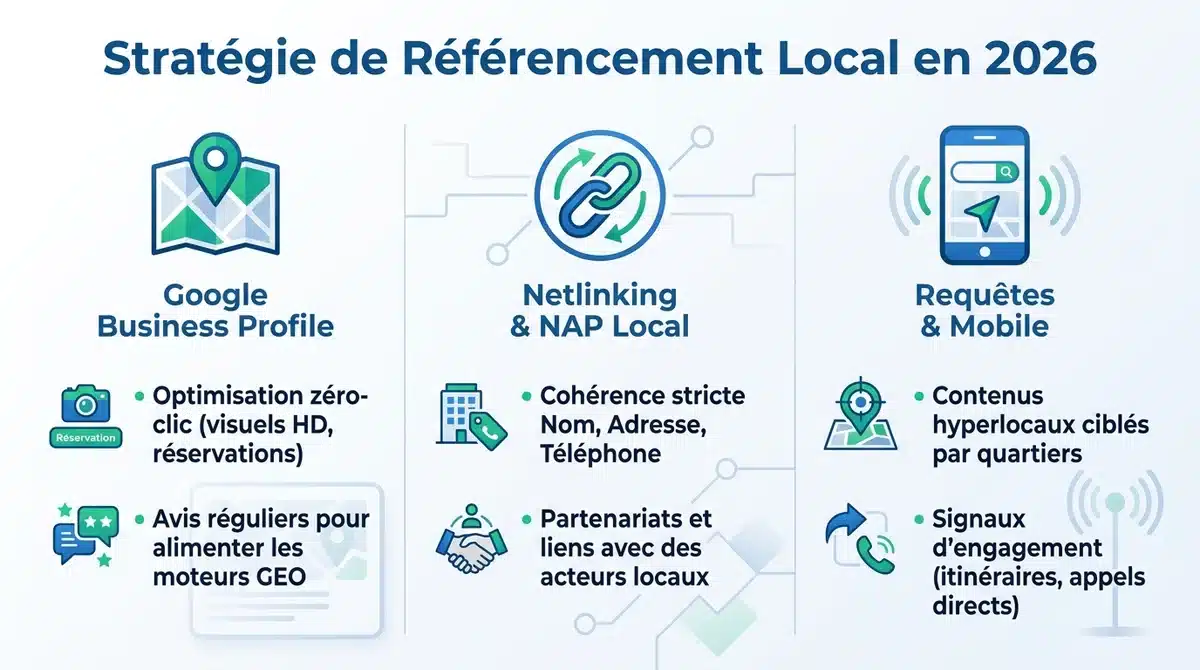 Infographie présentant les 3 piliers du référencement local en 2026 : Google Business Profile, NAP et ciblage mobile.