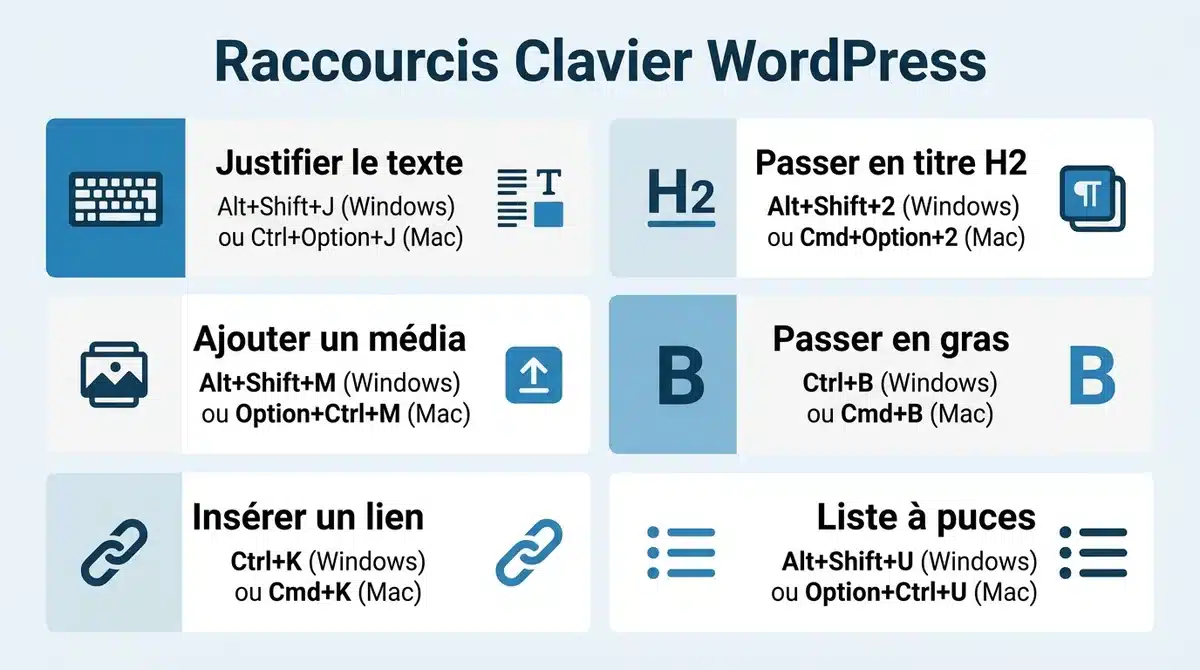 Infographie des raccourcis clavier indispensables pour éditer et justifier du texte sur WordPress.