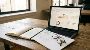 Espace de travail professionnel avec ordinateur affichant des données SEO pour une stratégie de référencement 2026.