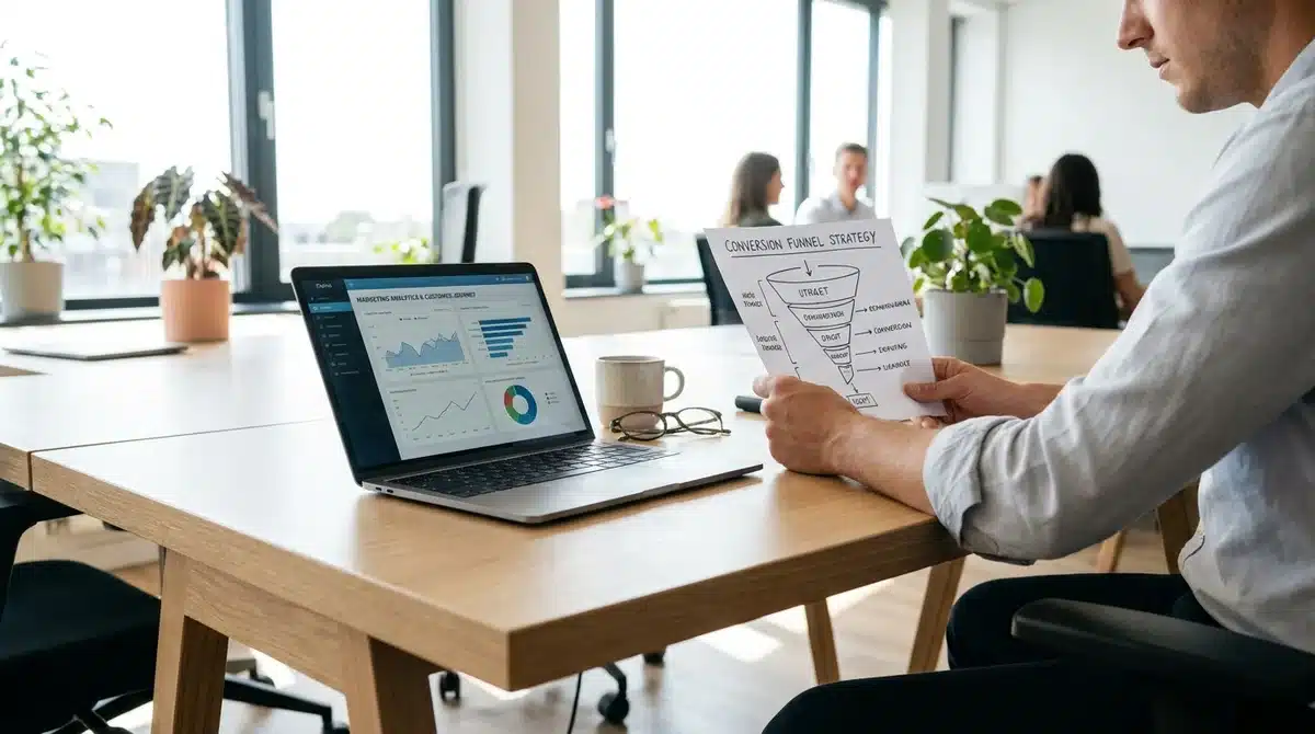 Expert en marketing analysant une stratégie de référencement naturel et des données analytiques sur un bureau moderne.