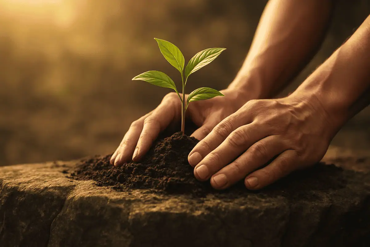 Photo d'une personne plantant un jeune arbre sur une fondation solide, symbolisant la reconstruction d'un site sur un nom de domaine expiré sain.