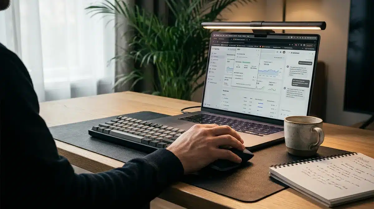 Bureau moderne avec ordinateur portable, café et checklist SEO pour découvrir les meilleurs outils gratuits de 2026.