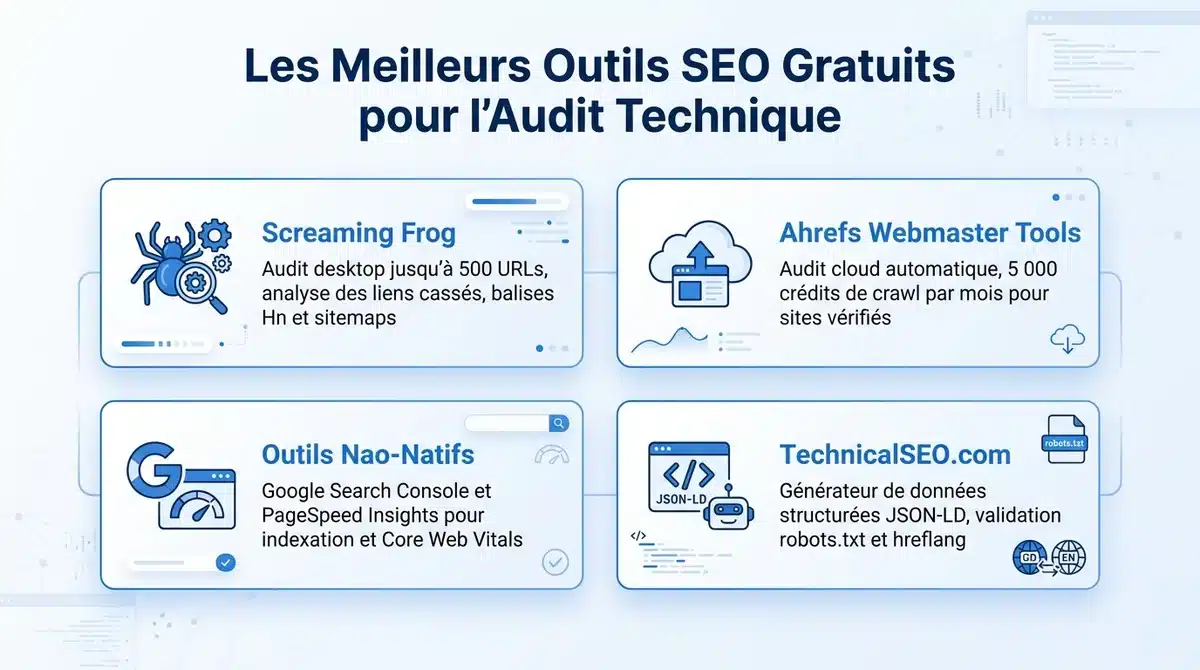 Infographie récapitulative des meilleurs outils SEO gratuits pour l'audit technique et l'optimisation web en 2026.