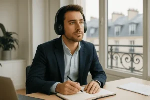 Entrepreneur dynamique écoutant un des meilleurs podcasts business dans un bureau moderne avec des écouteurs.