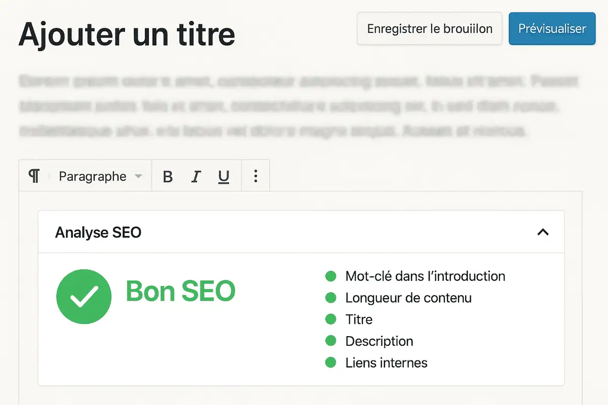 Capture d'écran de l'interface d'un plugin SEO comme Yoast ou Rank Math dans l'éditeur d'articles WordPress.