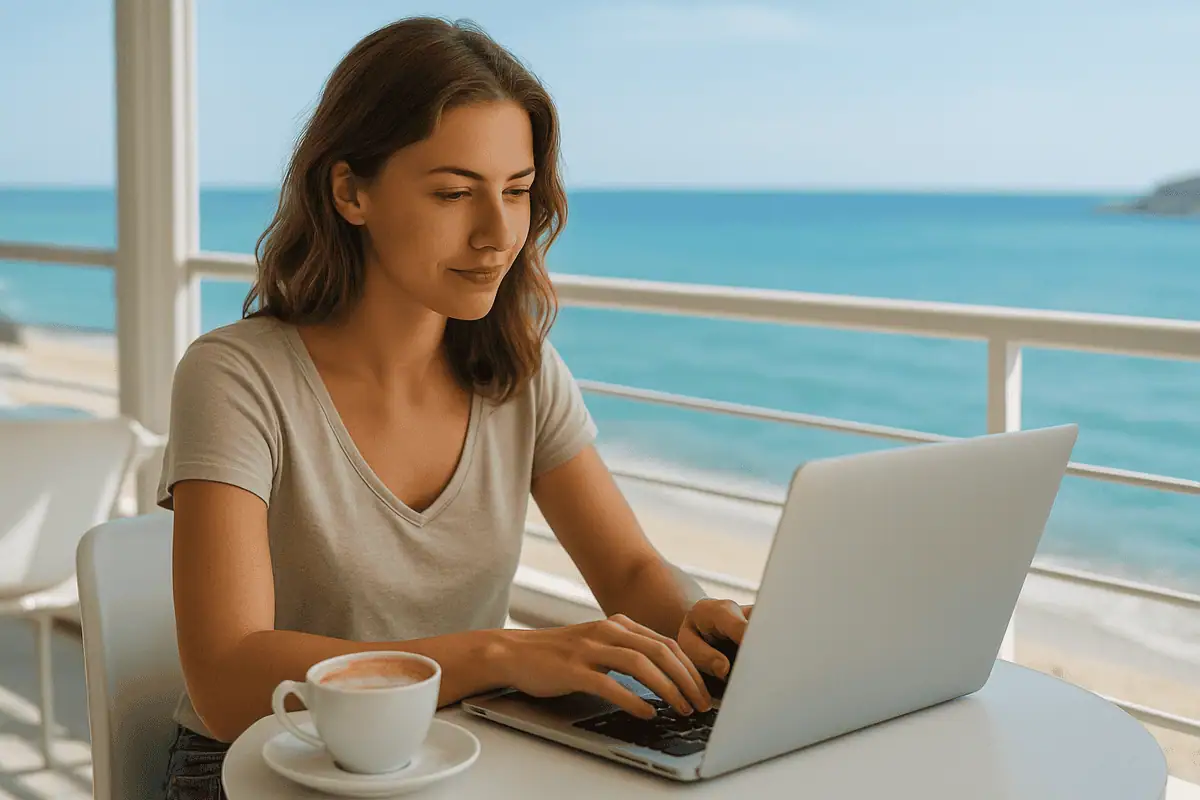 Freelance travaillant sur son ordinateur portable dans un café inspirant avec vue sur la mer, symbolisant la liberté du solopreneuriat.