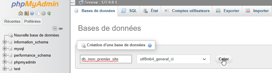 Création de la base de données mysql
