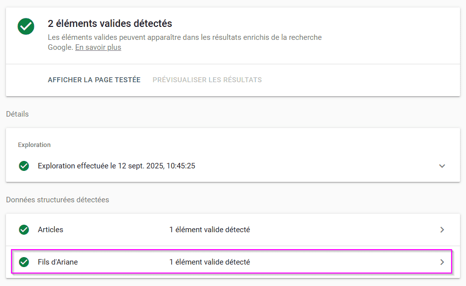 Capture d'écran de l'outil de test des résultats enrichis de Google