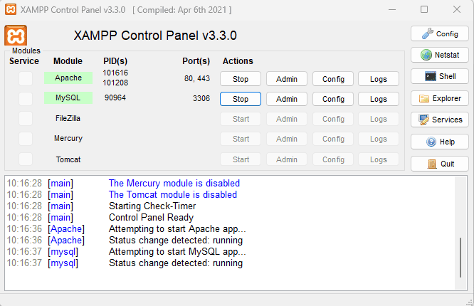 Panneau de contrôle Xampp