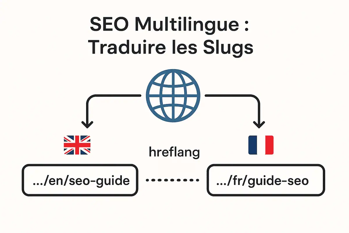 Schéma expliquant le SEO multilingue, montrant un slug traduit en anglais (.../seo-guide) et sa version française (.../guide-seo) connectées par une balise hreflang.