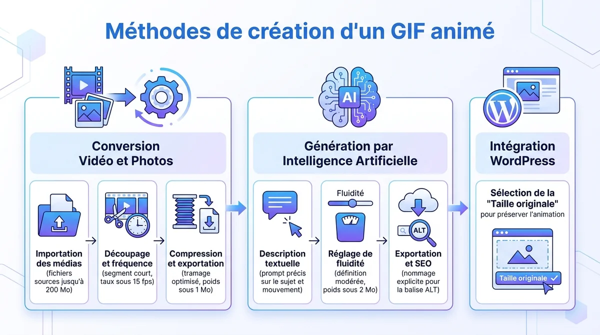 Infographie expliquant comment créer un GIF animé depuis une vidéo ou par IA et l'intégrer sur WordPress.
