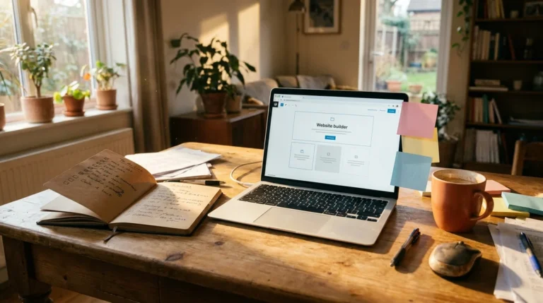 Bureau de solopreneur le matin pour lancer son business en ligne, avec ordinateur et notes sur un bureau en bois.