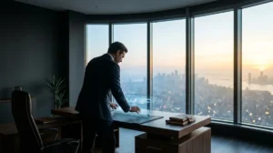 Entrepreneur en costume dans un bureau moderne dominant la ville pour le lancement d'un business en ligne en 2026.